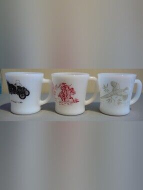 3 Anchor Hocking Fire king Mugs Cups Davy Crocket,Antique Cars,Pheasant